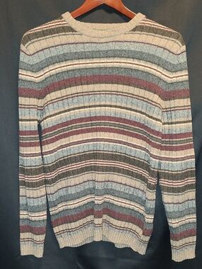 Vtg Eddie Bauer Striped Crewneck Sweater — Beige, Gray, Blue, Burgundy